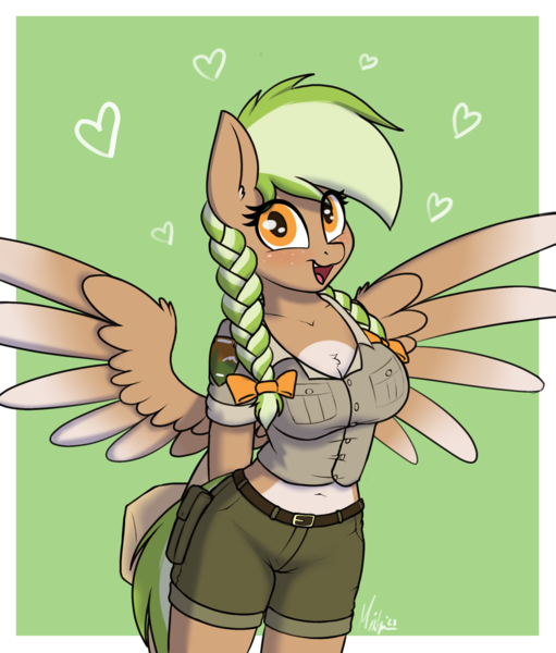 Size: 1866x2191 | Tagged: safe, artist:ponynamedmixtape, derpibooru import, oc, oc:sylvia evergreen, unofficial characters only, anthro, pegasus, belly button, braid, braided pigtails, breasts, chest fluff, clothes, female, freckles, hair tie, hands behind back, happy, heart, image, looking at you, pegasus oc, pigtails, png, ranger, short shirt, shorts, simple background, smiling, solo, uniform, wings