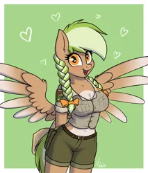 Size: 1866x2191 | Tagged: safe, artist:ponynamedmixtape, derpibooru import, oc, oc:sylvia evergreen, unofficial characters only, anthro, pegasus, belly button, braid, braided pigtails, breasts, chest fluff, clothes, female, freckles, hair tie, hands behind back, happy, heart, image, looking at you, pegasus oc, pigtails, png, ranger, short shirt, shorts, simple background, smiling, solo, uniform, wings