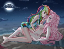 Size: 4500x3500 | Tagged: safe, artist:lucy-tan, derpibooru import, fluttershy, rainbow dash, human, barefoot, beach, beach towel, bikini, bikini bottom, bikini top, blushing, breasts, busty fluttershy, busty rainbow dash, clothes, cloud, commission, duo, feet, female, flutterdash, gritted teeth, holding hands, humanized, image, lesbian, looking at each other, looking at someone, moon, night, ocean, open mouth, png, sand, sandals, shipping, swimsuit, teeth, towel, wall of tags, water