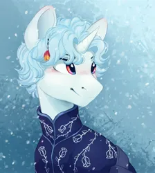 Size: 2599x2907 | Tagged: safe, artist:melodylibris, derpibooru import, oc, unofficial characters only, pony, unicorn, blushing, bust, clothes, ear blush, head turned, image, jpeg, male, smiling, snow, snowfall, solo, stallion