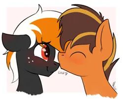 Size: 1182x955 | Tagged: safe, artist:ponynamedmixtape, derpibooru import, oc, oc:mixtape, oc:se, unofficial characters only, earth pony, freckles, gay, image, kissing, male, nose kiss, png
