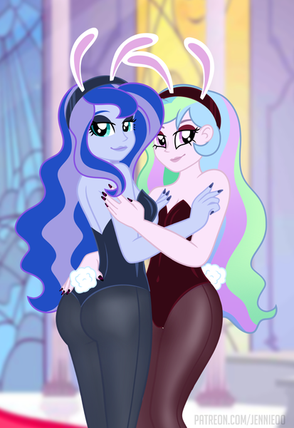 Size: 758x1100 | Tagged: suggestive, alternate version, artist:jennieoo, derpibooru import, princess celestia, princess luna, human, equestria girls, bedroom eyes, breasts, bunny ears, bunny suit, bunny tail, butt, clothes, duo, eyeshadow, female, hug, image, lipstick, looking at you, makeup, moonbutt, nails, playboy bunny, playboy bunny princess celestia, playboy bunny princess luna, png, sexy, smiling, smiling at you, tail, tights