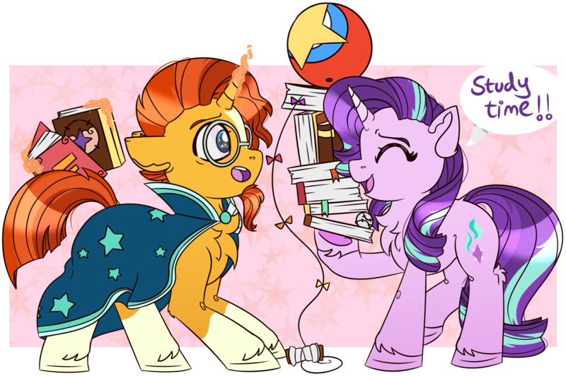 Size: 1550x1030 | Tagged: safe, artist:twittershy, derpibooru import, starlight glimmer, sunburst, pony, unicorn, book, chest fluff, cute, duo, eyes closed, female, glimmerbetes, hoof hold, image, kite, levitation, looking at each other, looking at someone, magic, male, mare, open mouth, open smile, png, smiling, smiling at each other, stallion, studying, telekinesis, that pony sure does love kites, unshorn fetlocks