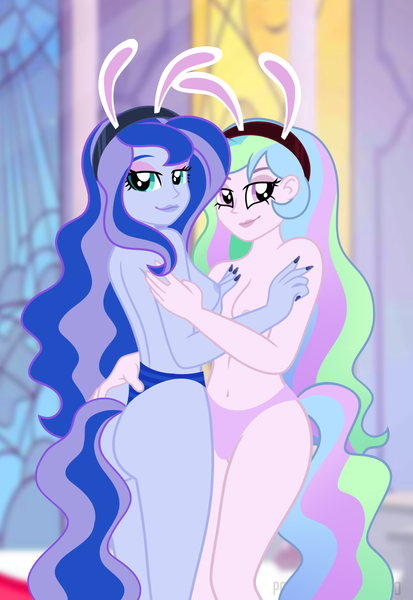 Size: 758x1100 | Tagged: questionable, alternate version, artist:jennieoo, derpibooru import, princess celestia, princess luna, human, equestria girls, bedroom eyes, breasts, bunny ears, butt, butt grab, butt touch, clothes, eyeshadow, female, grope, hug, image, lipstick, looking at you, makeup, nails, nipples, nudity, panties, partial nudity, playboy bunny princess celestia, playboy bunny princess luna, png, sexy, smiling, smiling at you, tail, topless, underwear