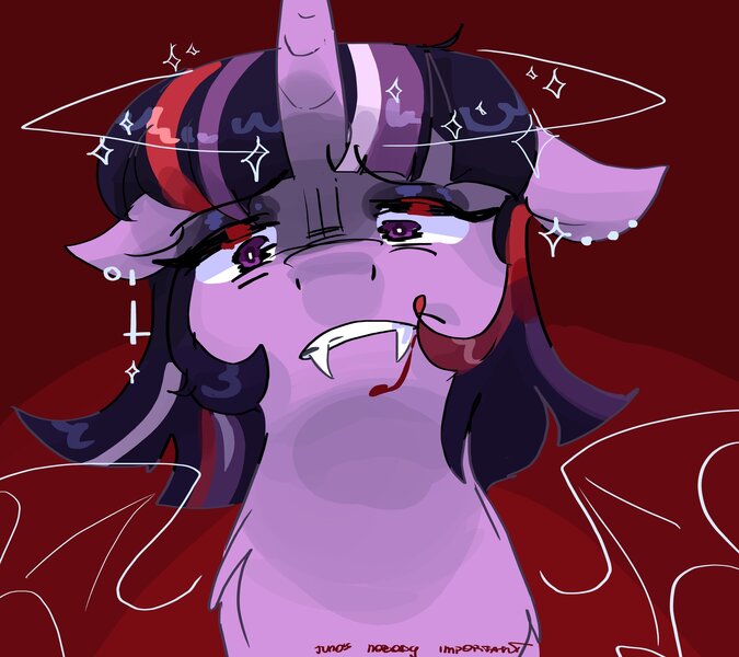 Size: 2048x1820 | Tagged: safe, artist:dmitrymemovznok, derpibooru import, twilight sparkle, pony, unicorn, bat wings, blood, fangs, image, jpeg, solo, unicorn twilight, wings