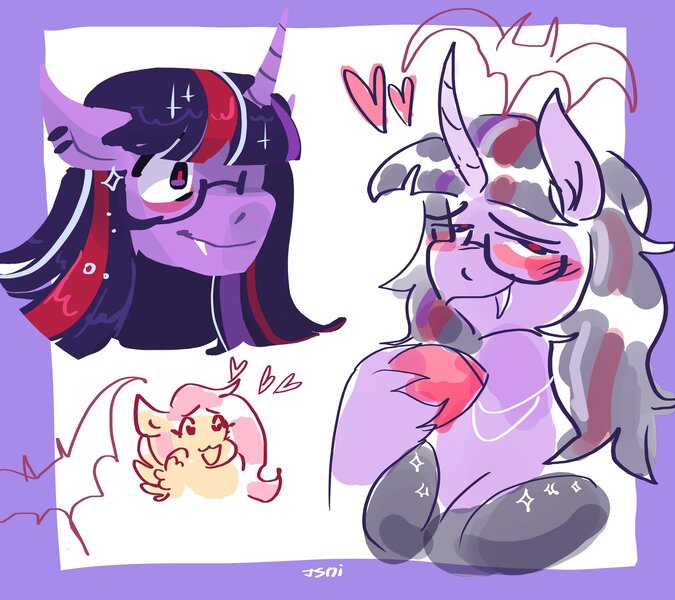 Size: 2048x1820 | Tagged: safe, artist:dmitrymemovznok, derpibooru import, fluttershy, twilight sparkle, anthro, pegasus, pony, unicorn, breasts, fangs, female, glasses, heart, image, jpeg, lesbian, shipping, solo, twishy