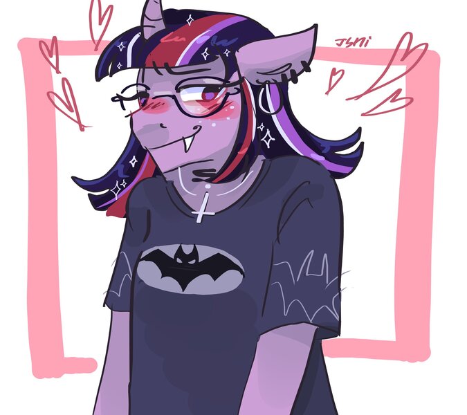 Size: 2048x1820 | Tagged: safe, artist:dmitrymemovznok, derpibooru import, twilight sparkle, anthro, unicorn, blushing, clothes, ear piercing, fangs, glasses, heart, image, jpeg, piercing, solo, unicorn twilight