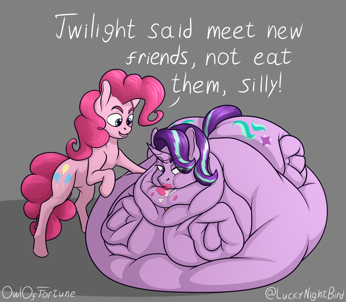 Size: 4000x3500 | Tagged: questionable, artist:owloffortune, derpibooru import, pinkie pie, starlight glimmer, earth pony, pony, unicorn, belly, belly bed, big belly, dialogue, fat, female, huge belly, image, immobile, impossibly large belly, impossibly obese, morbidly obese, obese, png, starlard glimmer, unamused