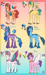 Size: 2160x3480 | Tagged: artist needed, safe, artist:demiangelkat, derpibooru import, hitch trailblazer, izzy moonbow, pipp petals, sunny starscout, zipp storm, classical unicorn, earth pony, pegasus, pony, unicorn, g5, alternate cutie mark, alternate design, alternate new mane six (g5), bag, bracelet, cloven hooves, colored wings, concave belly, female, friendship bracelet, gradient background, image, jewelry, leonine tail, male, mane five (g5), mare, misty brightdawn, multicolored wings, necklace, physique difference, png, redesign, reference sheet, saddle bag, sash, skinny pipp, slim, spread wings, stallion, tail, thin, tiara, unshorn fetlocks, wings