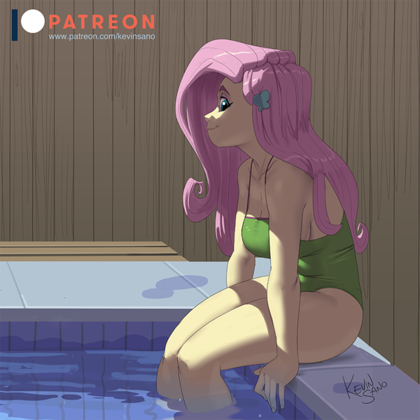 Size: 900x900 | Tagged: suggestive, artist:kevinsano, derpibooru import, fluttershy, equestria girls, breasts, cleavage, clothes, fence, image, looking at you, one-piece swimsuit, png, sitting, smiling, smiling at you, swimming pool, swimsuit