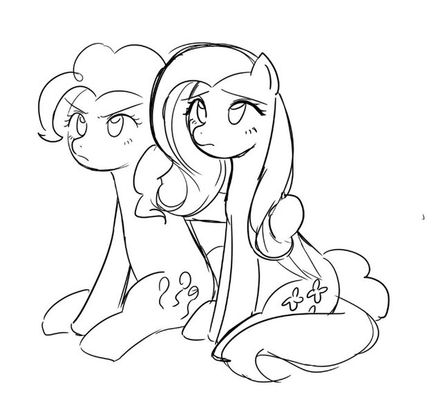 Size: 703x683 | Tagged: safe, artist:rainbom__1122, derpibooru import, fluttershy, pinkie pie, earth pony, pegasus, pony, angry, black and white, duo, female, grayscale, hoof around neck, image, jpeg, mare, monochrome, simple background, sketch, white background