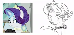 Size: 1025x491 | Tagged: safe, artist:rainbom__1122, derpibooru import, rarity, pony, unicorn, the gift of the maud pie, alternate hairstyle, female, glow, glowing horn, horn, image, jewelry, jpeg, mare, necklace, redraw, screencap reference, simple background, sketch, smiling, solo, white background