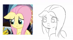 Size: 1141x621 | Tagged: safe, artist:rainbom__1122, derpibooru import, fluttershy, pegasus, pony, the beginning of the end, female, floppy ears, frown, image, jpeg, mare, redraw, sad, screencap reference, simple background, sketch, solo, teary eyes, white background