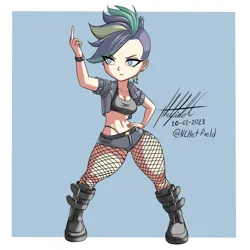 Size: 1000x1000 | Tagged: safe, artist:nlhetfield, derpibooru import, rarity, human, alternate hairstyle, belly button, big breasts, boots, breasts, busty rarity, cleavage, clothes, cutie mark on human, fishnets, hand on hip, humanized, image, jpeg, middle finger, panties, punk, raripunk, shoes, simple background, studded bracelet, thong, underwear, vulgar, wide hips