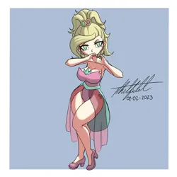 Size: 1000x1000 | Tagged: safe, artist:nlhetfield, derpibooru import, applejack, human, alternate design, alternate hairstyle, applejewel, big breasts, breasts, busty applejack, cleavage, clothes, cutie mark on human, dress, heart hands, high heels, humanized, image, jpeg, leotard, looking at you, no pupils, shoes, smiling, smiling at you, wide hips