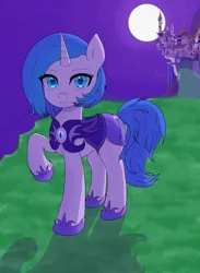 Size: 3500x4770 | Tagged: safe, artist:lilithnightstar, derpibooru import, oc, oc:ariana fil, unofficial characters only, pony, unicorn, armor, canterlot, canterlot castle, grass, grass field, horn, image, moon, moonlight, night, night guard, night guard armor, outdoors, png, smiling, solo, stars, unicorn oc