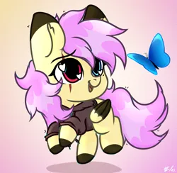 Size: 2003x1951 | Tagged: safe, artist:tz055, derpibooru import, oc, oc:mariashek, butterfly, insect, original species, pegasus, pony, chibi, clothes, cute, heterochromia, hoodie, image, png, solo