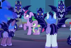 Size: 899x606 | Tagged: safe, derpibooru import, screencap, rainbow dash, spike, twilight sparkle, twilight sparkle (alicorn), alicorn, bat pony, dragon, pony, the cutie re-mark, alternate hairstyle, alternate timeline, armor, backpack, castle of the royal pony sisters, chestplate, colored eyelashes, ethereal hair, ethereal mane, ethereal tail, ever dusk, eye contact, eyeshadow, female, floppy ears, folded wings, frown, glare, gritted teeth, helmet, hoof shoes, horn, image, inkeclipse, jewelry, looking at each other, looking at someone, makeup, mare, moody blue, moonmist, night guard, night guard dash, nightmare takeover timeline, peytral, png, raised hoof, regalia, royal guard, slit pupils, spread wings, starry hair, starry mane, starry tail, tail, teeth, toxicwind, wide eyes, wings
