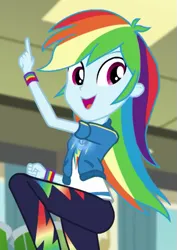 Size: 425x599 | Tagged: safe, derpibooru import, screencap, rainbow dash, human, equestria girls, equestria girls series, overpowered (equestria girls), cropped, eyebrows, female, geode of super speed, glow, image, magical geodes, open mouth, open smile, png, raised leg, smiling, solo