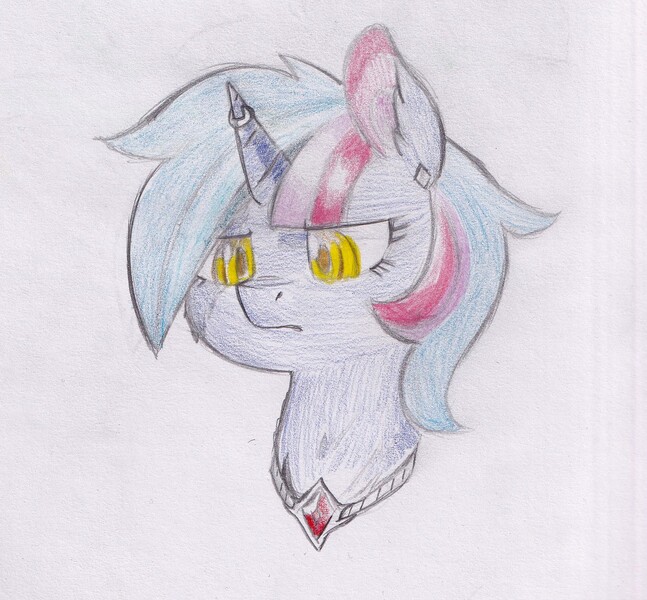 Size: 1587x1472 | Tagged: safe, artist:foxtrot3, derpibooru import, oc, oc:cipher, oc:saint cipher, unofficial characters only, unicorn, ear piercing, earring, frown, horn, horn ring, image, jewelry, jpeg, necklace, piercing, ring, ruby, saint