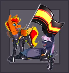 Size: 3300x3500 | Tagged: safe, artist:parrpitched, derpibooru import, oc, oc:fireheart(fire), oc:nurse lavender blossom, bat pony, clothes, couple, flag pole, gloves, image, kink, latex, latex boots, latex gloves, latex suit, png, pride, pride flag, prisoners of the moon, rubber, rubber pride, rubber pride flag, rubber suit, zipper