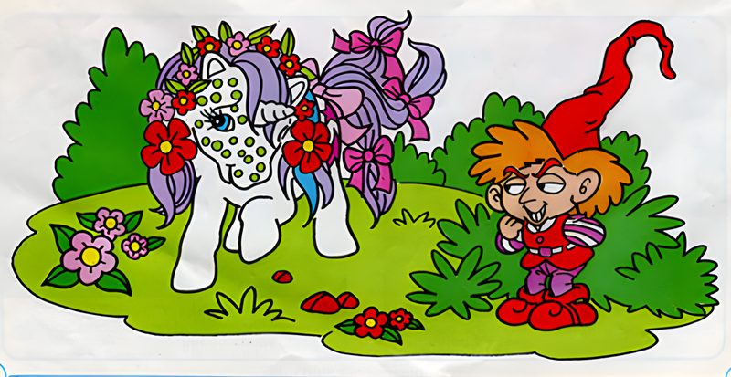 Size: 1200x620 | Tagged: artist needed, safe, derpibooru import, baby glory, goblin, pony, unicorn, comic:my little pony (g1), baby, baby pony, bow, duo, female, filly, flower, flower in hair, foal, g1, grumpy goblin, image, male, may day magic, official comic, png, simple background, tail, tail bow, upscaled, white background