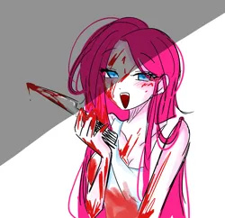 Size: 760x736 | Tagged: semi-grimdark, artist:rainbom__1122, derpibooru import, pinkie pie, equestria girls, blood, covered in blood, image, knife, lidded eyes, looking at you, open mouth, open smile, pinkamena diane pie, png, smiling, solo