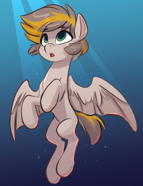 Size: 2208x2880 | Tagged: safe, artist:siroc, artist:siroc_art, derpibooru import, oc, unofficial characters only, pegasus, pony, belly, blue background, brown mane, bubble, crepuscular rays, digital art, green eyes, image, jpeg, looking up, male, ocean, open mouth, simple background, slim, solo, spread wings, stallion, sunlight, swimming, thin, underwater, water, wings