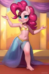 Size: 512x768 | Tagged: suggestive, banned from derpibooru, machine learning generated, novelai, ponybooru import, pinkie pie, anthro, earth pony, plantigrade anthro, age regression, barefoot, belly button, belly dancer, belly dancer outfit, blushing, breasts, clothes, dancing, delicious flat chest, detailed background, feet, female, image, lolicon, png, see-through, skimpy outfit, small breasts, smiling, solo, solo female, underage