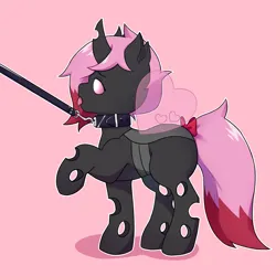 Size: 2000x2000 | Tagged: suggestive, artist:pel0sa, derpibooru import, oc, oc:heartstring fiddler, changeling, pony, bow, changeling oc, collar, heart wings, image, leash, pet play, pink changeling, png, raised hoof, tail, tail bow, tongue out