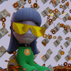 Size: 1080x1080 | Tagged: safe, artist:the luna fan, derpibooru import, oc, oc:cosmia nebula, 3d, animated, bill, bitcoin, blender, blender cycles, choker, clothes, coin, cryptocurrency, glasses, gold, image, looking at you, money, skirt, smiling, sweater, webm