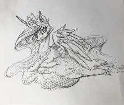 Size: 2048x1738 | Tagged: safe, artist:cosmickelpie, derpibooru import, princess celestia, alicorn, pony, cloud, crown, image, jewelry, jpeg, looking at you, lying down, lying on a cloud, on a cloud, regalia, sketch, solo, traditional art