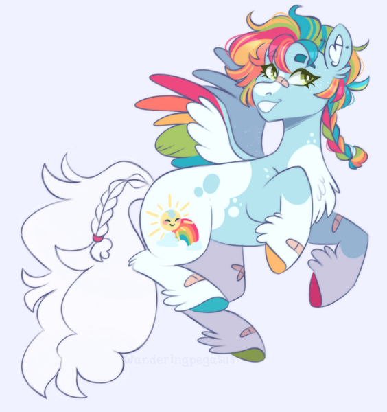Size: 1168x1242 | Tagged: safe, artist:wanderingpegasus, derpibooru import, oc, oc:lucky charm, unofficial characters only, pegasus, pony, appaloosa, bandage, bandaid, bandaid on nose, blaze (coat marking), body markings, braid, chest fluff, coat markings, colored hooves, colored wings, ear fluff, ear piercing, earring, eyebrow slit, eyebrows, facial markings, fetlock tuft, flying, green eyes, image, industrial piercing, jewelry, mouthpiece, multicolored wings, nonbinary, pale belly, piercing, png, ponysona, simple background, small wings, socks (coat marking), solo, twitterina design, white background