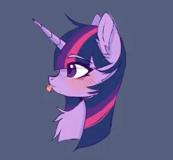 Size: 1280x1182 | Tagged: safe, artist:belkaart0w0, derpibooru import, twilight sparkle, twilight sparkle (alicorn), alicorn, pony, bust, chest fluff, ear fluff, eyebrows, eyebrows visible through hair, female, image, jpeg, looking left, mare, simple background, solo, tongue out