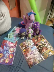 Size: 3024x4032 | Tagged: safe, artist:kuba18i, derpibooru import, spike, twilight sparkle, twilight sparkle (alicorn), alicorn, dinosaur, dragon, pony, triceratops, bed, comic, image, irl, jpeg, love live!, meta, photo, plushie, poland, polish, ponies in real life, pony plushie, reading, sosnowiec, toujou nozomi