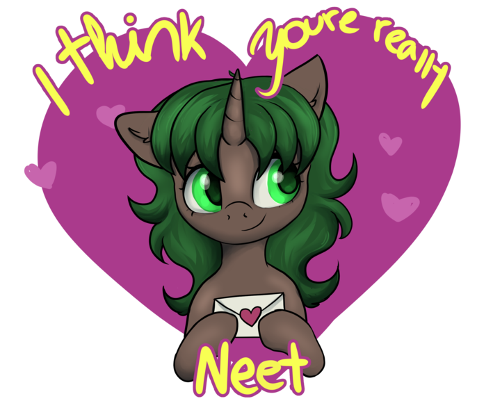Size: 2600x2200 | Tagged: safe, artist:dumbwoofer, derpibooru import, oc, oc:pine shine, pony, unicorn, ear fluff, envelope, female, heart, heart background, holiday, image, looking sideways, mare, neet, png, simple background, smiling, solo, transparent background, valentine's day