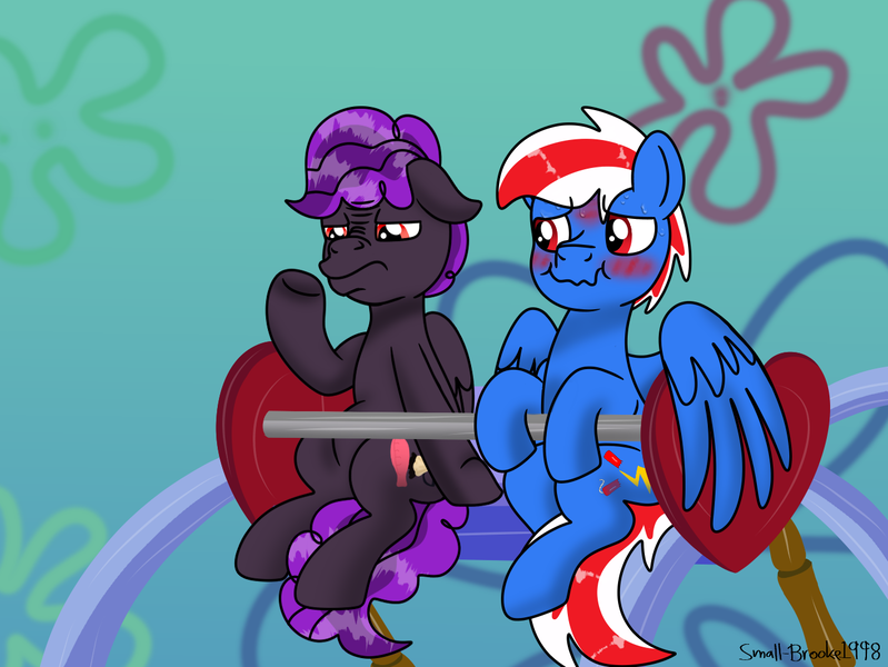 Size: 1306x981 | Tagged: safe, artist:lynnthenerdkitty, derpibooru import, pegasus, pony, blushing, crossover, ferris wheel, grimace, hearts and hooves day, holiday, image, mlp-community event, png, prompt, skywarp, special, spongebob squarepants, spongebob squarepants reference, staring at hoof, sweat, thundercracker, transformers, tumblr event, unhappy, valentine's day