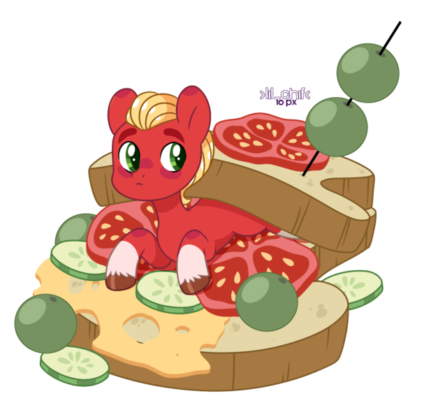 Size: 1029x1000 | Tagged: safe, artist:bomberchif, artist:malarkey, derpibooru import, sprout cloverleaf, earth pony, pony, base used, cheese, cucumber, food, g5, image, male, olive, png, sandwich, solo, stallion, tomato