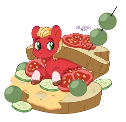 Size: 1029x1000 | Tagged: safe, artist:bomberchif, artist:malarkey, derpibooru import, sprout cloverleaf, earth pony, pony, base used, cheese, cucumber, food, g5, image, male, olive, png, sandwich, solo, stallion, tomato