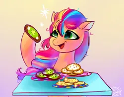 Size: 1368x1074 | Tagged: safe, artist:petaltwinkle, derpibooru import, sunny starscout, earth pony, pony, my little pony: tell your tale, spoiler:g5, spoiler:my little pony: tell your tale, spoiler:tyts01e38, cookie, female, foal food, food, g5, image, jpeg, mare, open mouth, open smile, smiling, solo