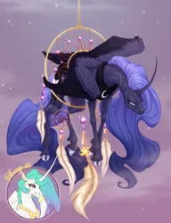 Size: 2000x2600 | Tagged: safe, artist:dementra369, derpibooru import, princess celestia, princess luna, alicorn, pony, angry, annoyed, cloven hooves, colored, commissioner:shaddar, curved horn, cute, dream walker luna, dreamcatcher, feather, female, flowing mane, folded wings, funny, furrowed brow, horn, hybrid wings, image, luna is not amused, lunabetes, mare, missing accessory, peytral, png, stuck, unamused, unshorn fetlocks, wings