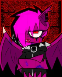 Size: 1220x1506 | Tagged: semi-grimdark, artist:xxv4mp_g4z3rxx, derpibooru import, oc, oc:violet valium, unofficial characters only, bat pony, pony, bat pony oc, bat wings, beaten up, black eye, blood, bruised, clothes, collar, emo, female, hoodie, image, injured, mare, png, red eyes, solo, spiked collar, spread wings, torn clothes, wings