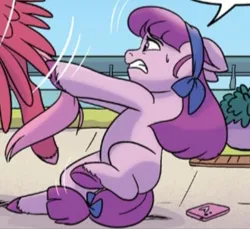 Size: 401x367 | Tagged: safe, derpibooru import, idw, official, earth pony, pegasus, pony, my little pony: a new generation, spoiler:comic, spoiler:g5, spoiler:g5comic, spoiler:g5comic01, female, fuchsia orchard, g5, image, male, marasca, mare, mobile phone, phone, png, smartphone, stallion