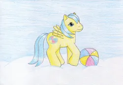 Size: 1024x709 | Tagged: safe, artist:normaleeinsane, derpibooru import, baby bouncy, pegasus, pony, beach ball, foal, g1, image, jpeg, simple background, solo, traditional art, white background