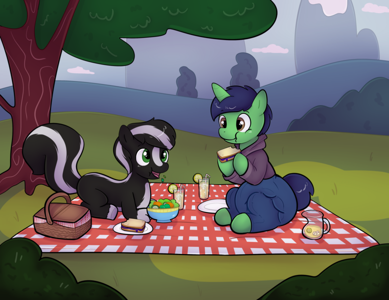 Size: 4000x3087 | Tagged: safe, artist:zombineko, derpibooru import, oc, oc:swift brush, oc:zenawa skunkpony, unofficial characters only, hybrid, pony, skunk, skunk pony, unicorn, basket, best friends, chewing, clothes, colt, denim, diaper, diaper butt, diaper under clothes, drinking glass, eating, foal, food, high res, hoodie, hoof hold, horn, hybrid oc, image, incontinent, juice, lemonade, looking at each other, looking at someone, lying down, male, males only, outdoors, pants, peanut butter and jelly, picnic, picnic basket, picnic blanket, pitcher, png, prone, raised tail, salad, sandwich, sitting, smiling, smiling at each other, tail, talking, tree, unicorn oc