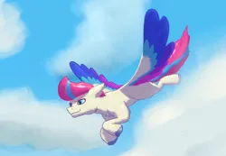 Size: 944x652 | Tagged: safe, derpibooru import, zipp storm, pegasus, cloud, confident, day, derpibooru exclusive, female, flying, g5, gliding, grin, image, png, sky, sky background, smiling, solo, wings