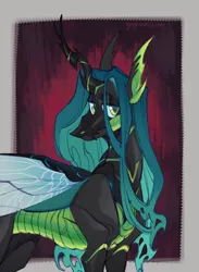 Size: 1900x2600 | Tagged: safe, artist:yuyusunshine, derpibooru import, queen chrysalis, changeling, abstract background, concave belly, image, lidded eyes, png, slim, solo, thin