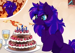 Size: 1100x778 | Tagged: safe, artist:arctic-fox, derpibooru import, oc, oc:tihan, unofficial characters only, pony, unicorn, cake, candle, food, image, jpeg, solo, strawberry, whipped cream
