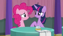 Size: 1280x720 | Tagged: safe, derpibooru import, screencap, pinkie pie, twilight sparkle, twilight sparkle (alicorn), alicorn, earth pony, pony, a trivial pursuit, bell, cute, diapinkes, image, looking at each other, looking at someone, png, twiabetes