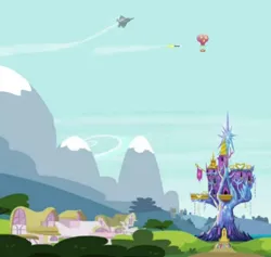 Size: 676x641 | Tagged: safe, edit, edited screencap, screencap, chinese spy balloon, hot air balloon, image, imminent death, jet, jet fighter, jpeg, meme, missile, twilight's castle